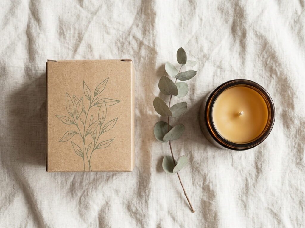 Candle packaging with botanical